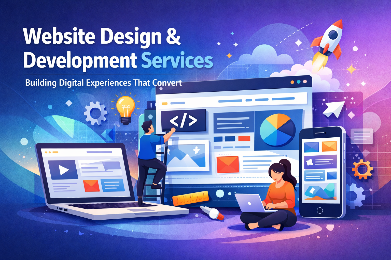 Website Design & Development Services featured banner showing responsive web design on a laptop and smartphone, with designers building a modern interface and the text “Building Digital Experiences That Convert.”