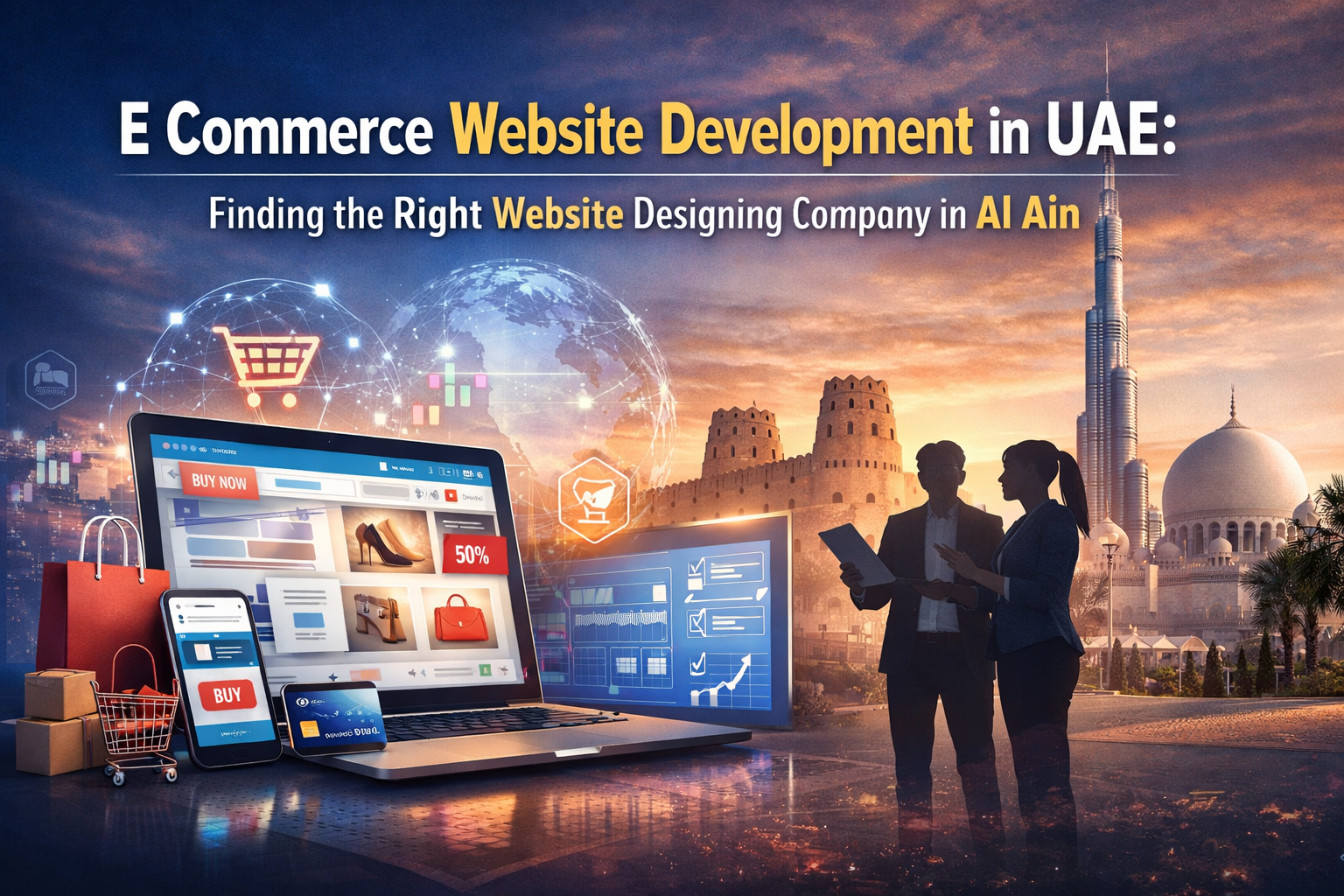 E commerce website development banner showcasing website designing companies Al Ain with modern online store interface, UAE landmarks, and professionals analyzing website design for business growth